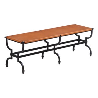 French Wrought Iron and Leather Bench, C. 1980 For Sale
