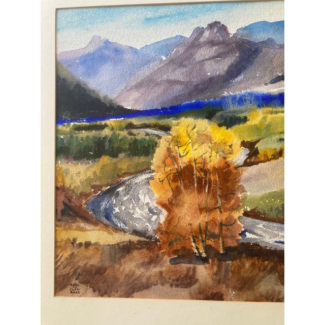 1970s Signed Large Autumnal Watercolor Painting, Majestic Mountains, River, Trees For Sale - Image 4 of 7