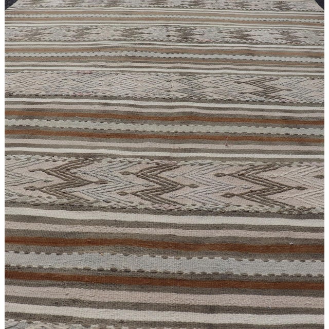 Traditional Turkish Flat-Weave Kilim in Muted Colors With Stripes and Embroideries For Sale - Image 3 of 10