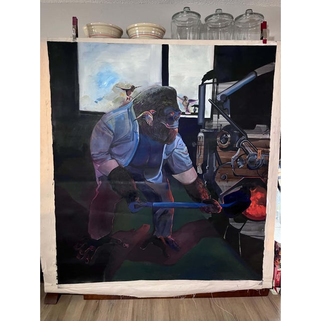 Gorilla Engineer, Coal Fire & Hummingbirds Unstretched Canvas Joni Wildman Oil Painting For Sale - Image 13 of 13