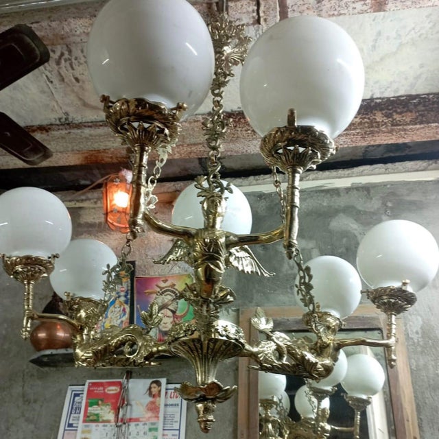 Vintage Old Art Nouveau Brass Mermaid Ceiling Hanging Chandelier Milk Globe Glass Lamp Light Excellent Working Condition...