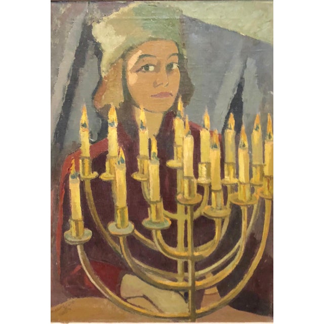Hildegard Rath, 1950's Expressionist Judaica Painting "I Lit All My Candles" Hanukkah Menorah, 1952 For Sale