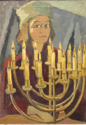 Hildegard Rath, 1950's Expressionist Judaica Painting "I Lit All My Candles" Hanukkah Menorah, 1952