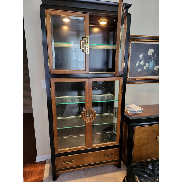 Century Chin Hua burl wood China display cabinet chinoiserie oriental curio Item features solid wood construction,...