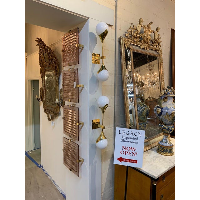 Pair of Modern Murano Gilt Brass and White Glass Ball Form Sconces For Sale - Image 4 of 5