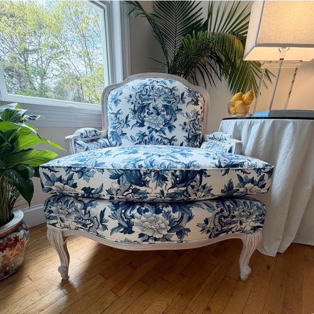 Custom Blue and White Marquis Bergere Chair and Ottoman Set Upholstered in Ralph Lauren For Sale - Image 10 of 18