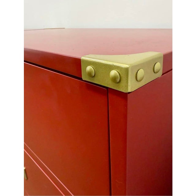Red Red Campaign Style Three Drawer Chest With Brass Hardware. For Sale - Image 8 of 8