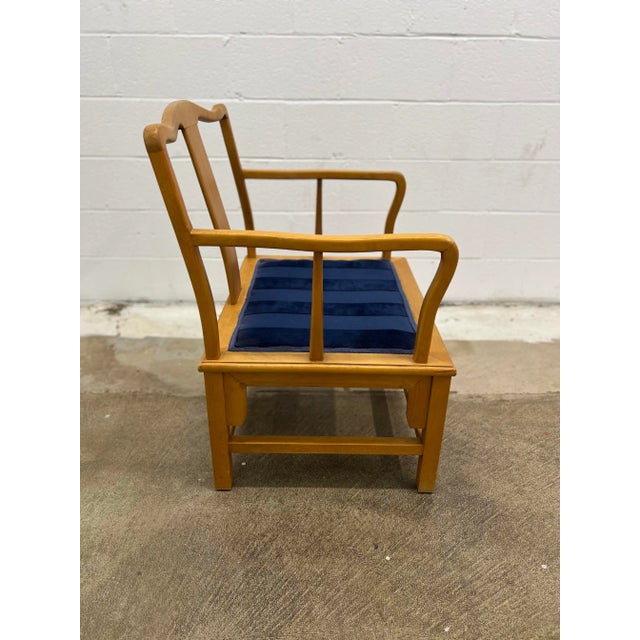 MCM Vintage Oriental Wooden Pair of Chairs. Custom Blue Cotton Upholstery with Velvet Stripes. Classic Drexel Heritage...