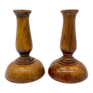 Hand Turned Wood Candlestick Holders - a Pair For Sale