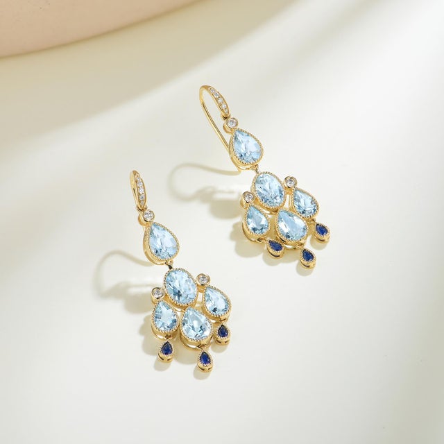 Contemporary Nina Zhou Aquamarine Sapphire Diamond Chandelier Drop Earrings in 14k Gold - A Pair For Sale - Image 3 of 4