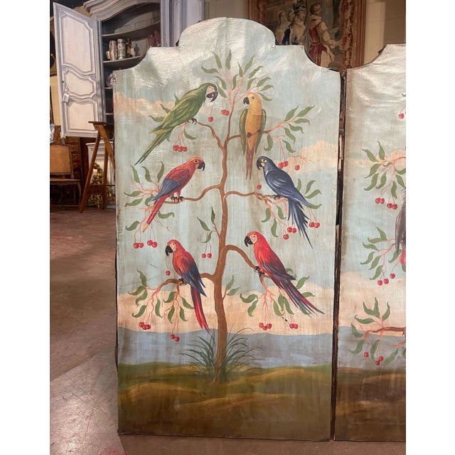 Italian Pair of Mid-Century Italian Hand Painted Tropical Bird Panels on Canvas For Sale - Image 3 of 12
