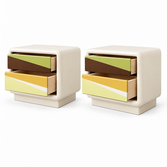 Pair of Postmodern Space-Age Nightstands with Custom Geometric Finish A distinctive pair of well-made nightstands...