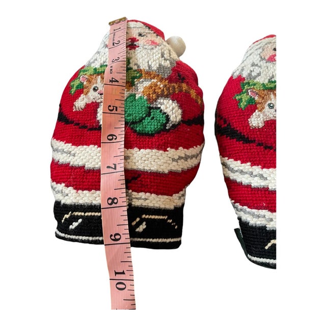 1990s 2 Vintage Figural Santa Claus Christmas Needlepoint Stand Up Pillows Doorstop For Sale - Image 5 of 7