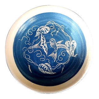 11” Ceramic Blue Hummingbird Turn & Burn Pottery Dish For Sale