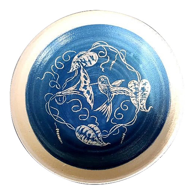 11” Ceramic Blue Hummingbird Turn & Burn Pottery Dish For Sale