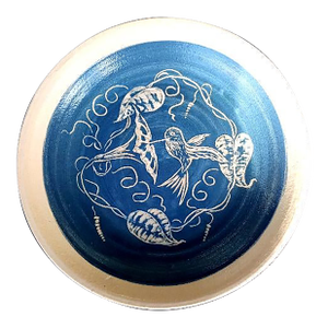 Brilliant Blue Hummingbird 11” Turn & Burn Pottery Dish