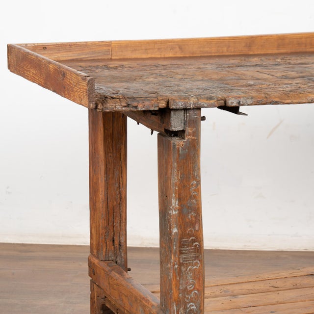 19th Century Rustic Pine Work Table With Shelf, Console or Island For Sale - Image 4 of 16
