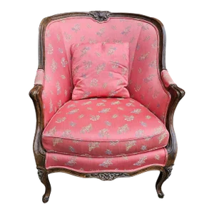 Victorian Style Carved Fruitwood and Upholstered Lounge Chair