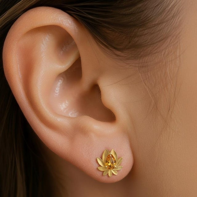 Pear-Cut Citrine Lutus Flower Earrings Studs, Silver, Gold, Pair For Sale - Image 6 of 7