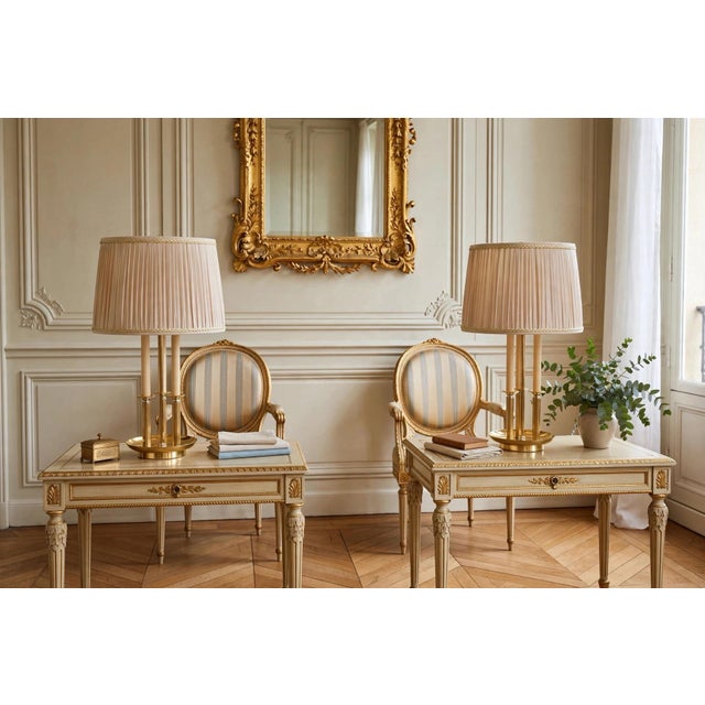 Set of 2 Vintage Brass Bouillotte Pair Table Lamps 3 Arm Candelabra Lamp With Pleated Shades Hollywood Regency For Sale - Image 12 of 12