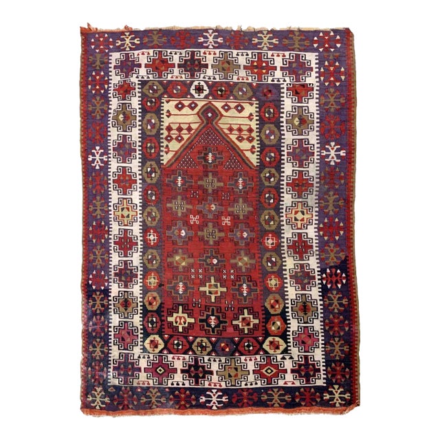 1910s Handmade Antique Turkish Anatolian Prayer Kilim 4.5' X 6.2' For Sale
