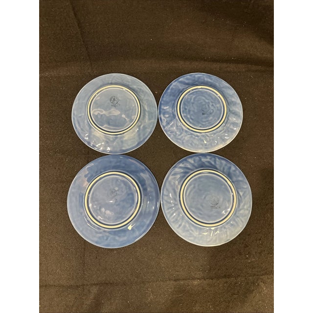 Bordallo Pinheiro Vintage Mid-Century Modern Majolica Bordallo Pinheiro Blue Fruit Salad Plates 7.75” - Set of 4 For Sale - Image 4 of 5
