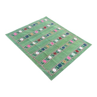 Handmade Cotton Area Rug, Natural Vegetable Dyed, Green and Red Flower Patterned Dhurrie -12'x15' For Sale
