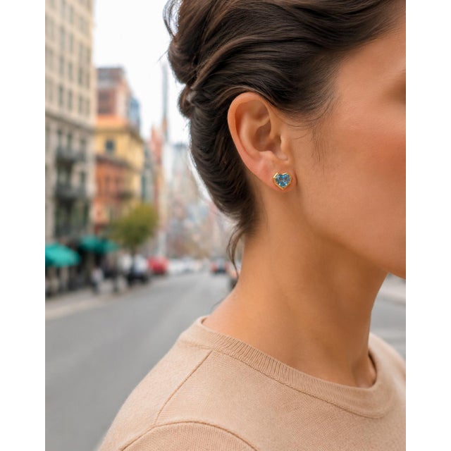 Blue Geometric Heart Topaz Stud Earrings, Silver, Gold, Pair For Sale - Image 8 of 10