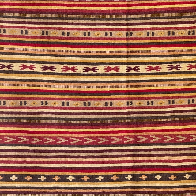 Large Indian Beige Rug with Red, Yellow and White Stripes and Geometric Borders, 1980s For Sale - Image 10 of 18