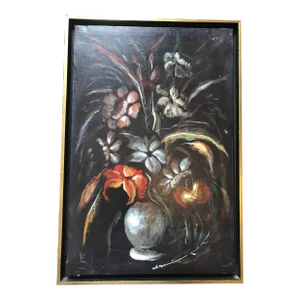Early 20th Century European Spanish Floral Still Life Oil Painting on Canvas, Framed