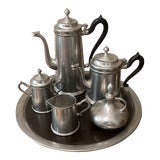 Circa 1940s Vintage Royal Holland Daalderop Kmd Pewter and Teak Coffee/Tea 6 Pieces Set For Sale