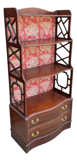 Chinese Chippendale Carved Mahogany Fretwork & Floral Wallpaper Lined Bookcase / Shelf