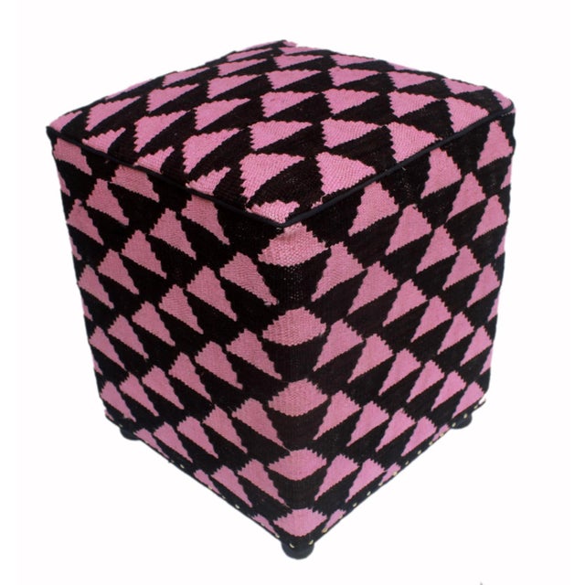 Boho Chic Black/Pink Kilim Upholstered Handmade Ottoman For Sale In New York - Image 6 of 8
