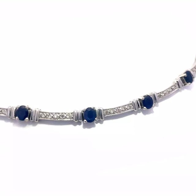 1990s Gold Sapphire Diamond Necklace 14k White Bar Link For Sale - Image 5 of 7