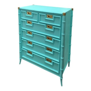 Vintage Century Furniture Chinoiserie Aqua Faux Bamboo Highboy Dresser For Sale