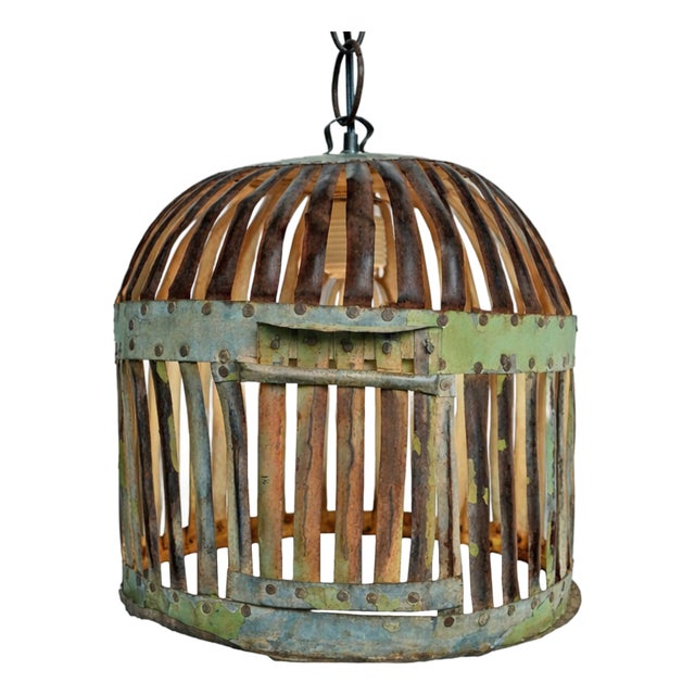 Industrial Vintage Green Iron Basket Cage Pendant Light For Sale