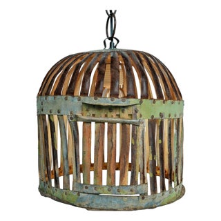 Vintage Industrial Green Iron Basket Cage Pendant Light For Sale