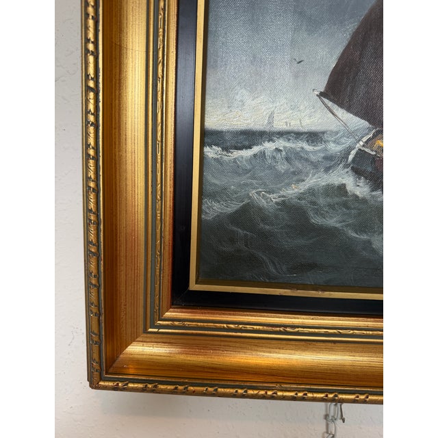 Impressionist Vintage Signed Oil Painting Stormy Sea Fishing Boats Maritime Seascape Framed For Sale - Image 3 of 10