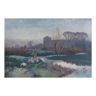 After Barbizon School, Lady Tending a Flock of Geese at Dusk or Dawn, 1920s, Oil on Canvas For Sale
