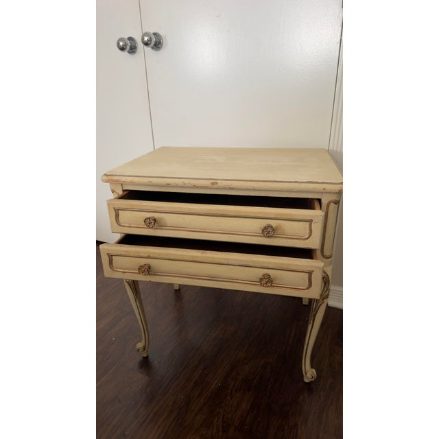 Shabby Chic Pair of Vintage White Fine Furniture French Provincial Nightstands (Mebane, Nc) For Sale - Image 3 of 12
