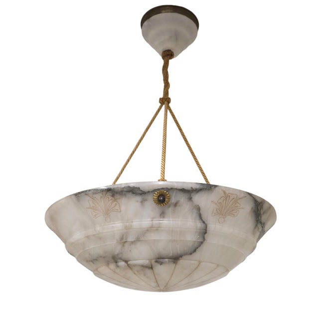 Early 20th Century Hand Carved French White+ Grey Alabaster W/Carved Detail, Alabaster Canopy +Cord For Sale - Image 10 of 16