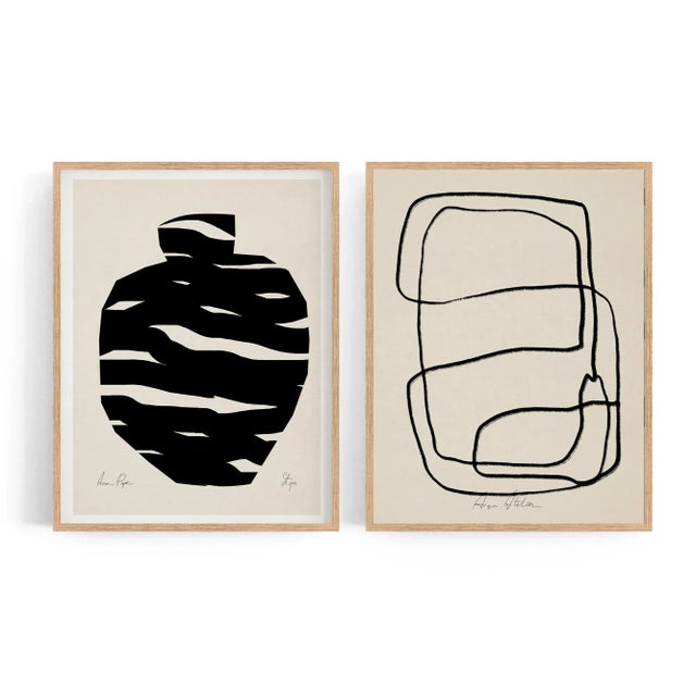 Set of 2 abstract open edition giclee prints. 20"x28" Elegant and bold black geometrical forms drawing on beige...