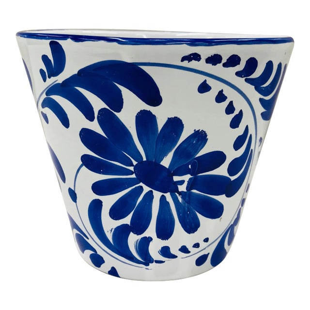 Early 21st Century Hand-Painted Blue and White Cachepot - Marked Italy For Sale