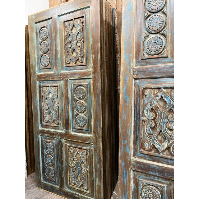 Vintage Lotus Carved Wood Door | Distressed Blue Sliding Barn Door 80x36 For Sale - Image 4 of 7