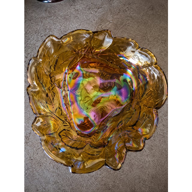 Late 20th Century Vintage Iridescent Amber Carnival Glass Grape & Leaf Ruffled Bowl 7.75" Floral For Sale - Image 5 of 10