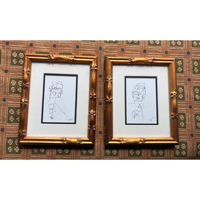 2020s 2025 Wellon Bridgers Abstract Ink Drawings, a Pair in Gold Bamboo For Sale - Image 5 of 5