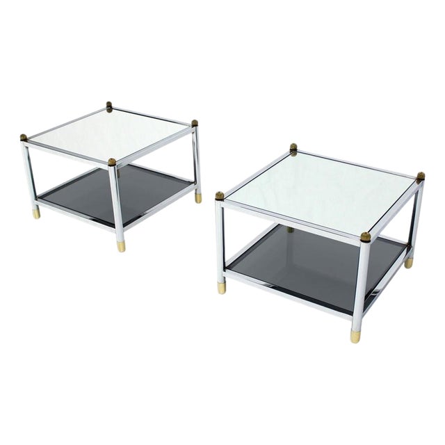 Pair Square Chrome & Brass Smoked Glass Shelf Mirrored Top End Side Tables MINT! For Sale