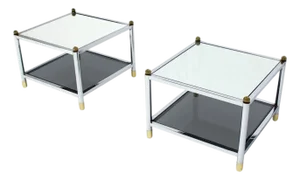 Pair Square Chrome & Brass Smoked Glass Shelf Mirrored Top End Side Tables MINT!
