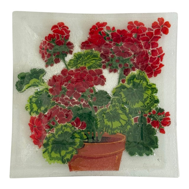 1990s American Handmade Peggy Karr Fused Glass Potted Geranium Square Plate Tray For Sale
