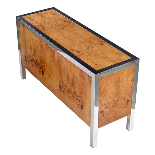Restored 1970s Pace Collection Burl Wood and Chrome Credenza For Sale